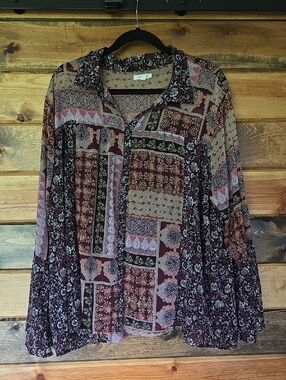 Maurices Burgundy Multi Patchwork Button-Down Blouse